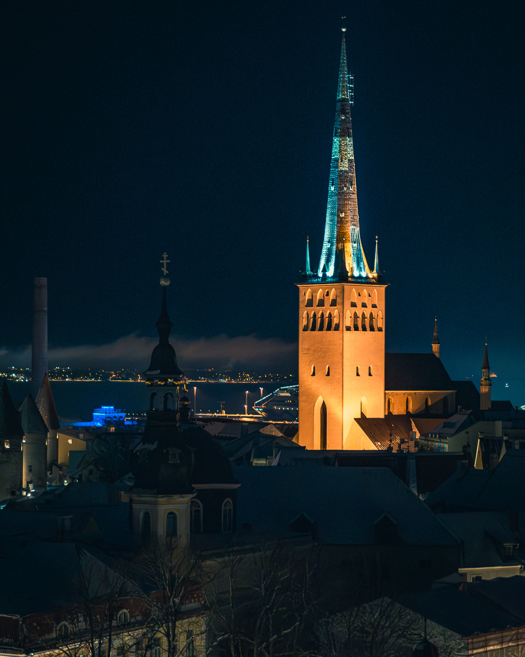 View of a church tower at night