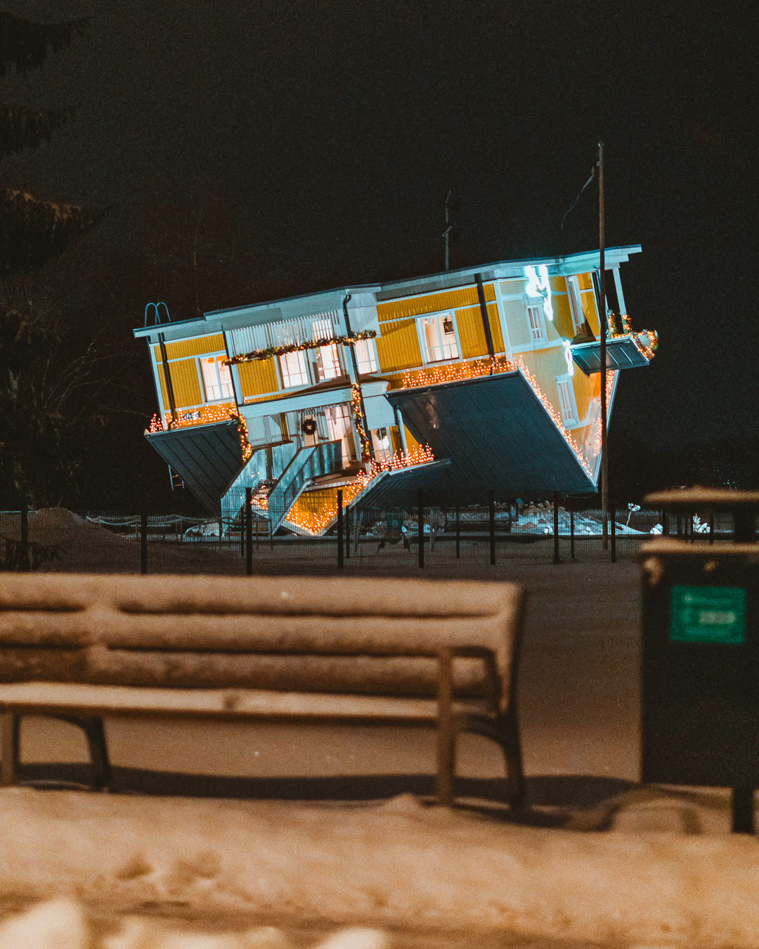 Upside down house in the snow